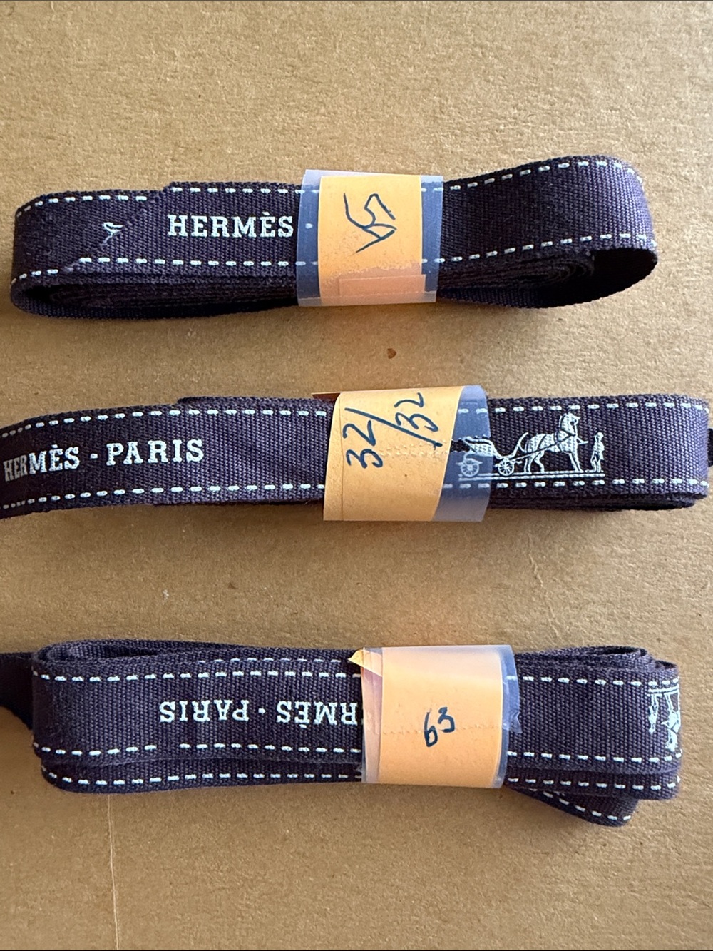 Hermes Dark Brown ribbon Straps with White Stitching 59”-32”-63”